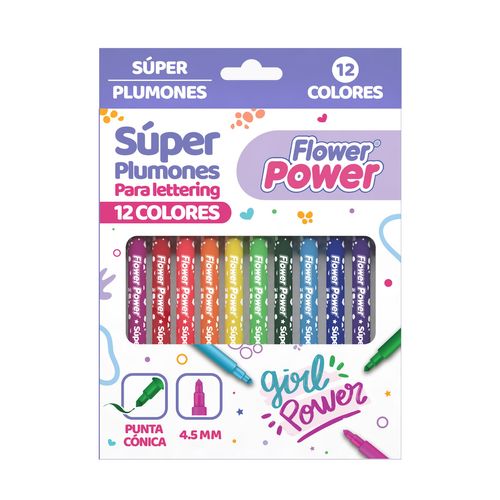 Super Plumón Flower Power Punta Cónica x12