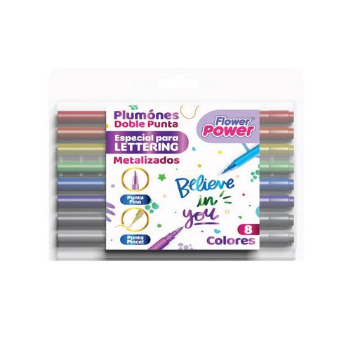 Plumón Doble Punta Metalizado Flower Power x 8