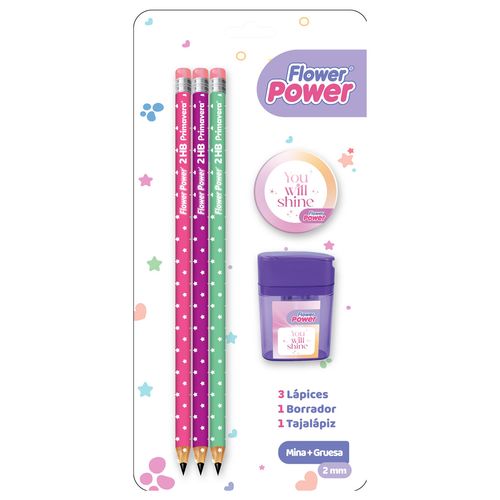 Set Lápices - Borrador - Sacapuntas Flower Power X 3