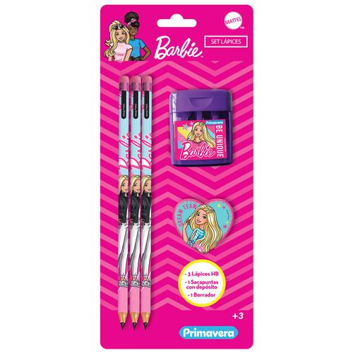 Set Lápices X3 + Borrador + Sacapuntas  Barbie Niña