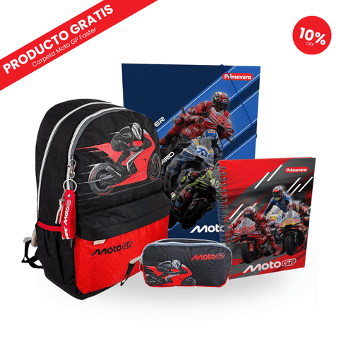 Combo Piloto Moto GP: Morral Juvenil + Útiles Escolares + Carpeta de Regalo